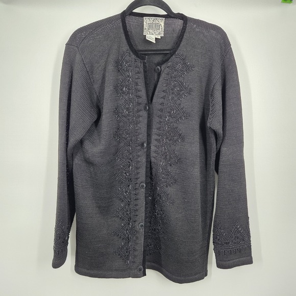 curio Sweaters - Vintage Curio Cardigan Sweater Womens M Beaded Embroidered Floral Artsy Boho